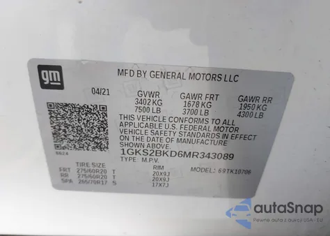 2021 GMC Yukon 4Wd Slt из США, поврежденный, VIN 1GKS2BKD6MR343089